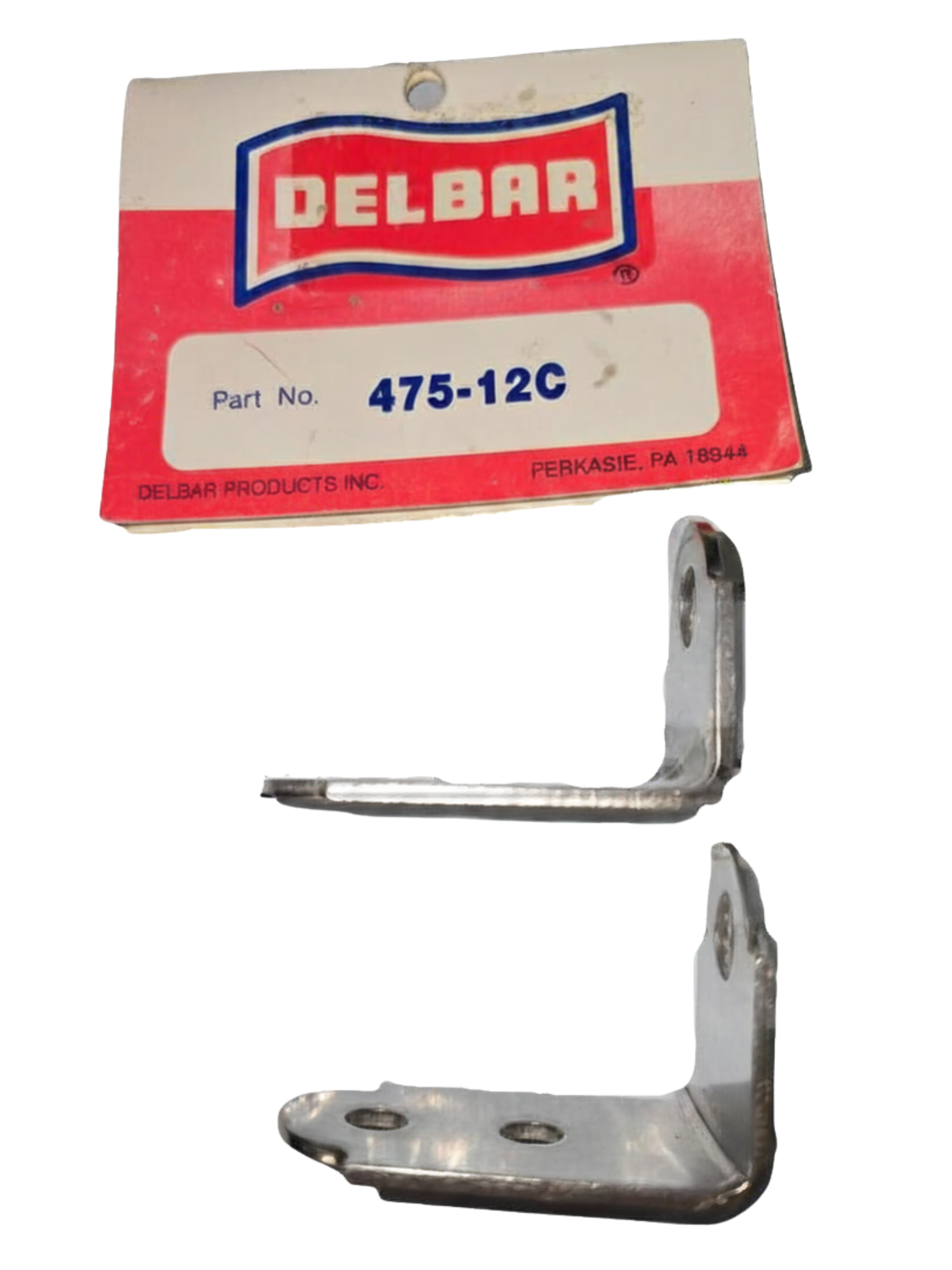 Metal bracket with Delbar label on a white background