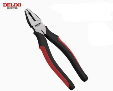 Delixi Electric 6-inch stripping steel wire pliers with black and red handles, shown on a white background with product text overlays.