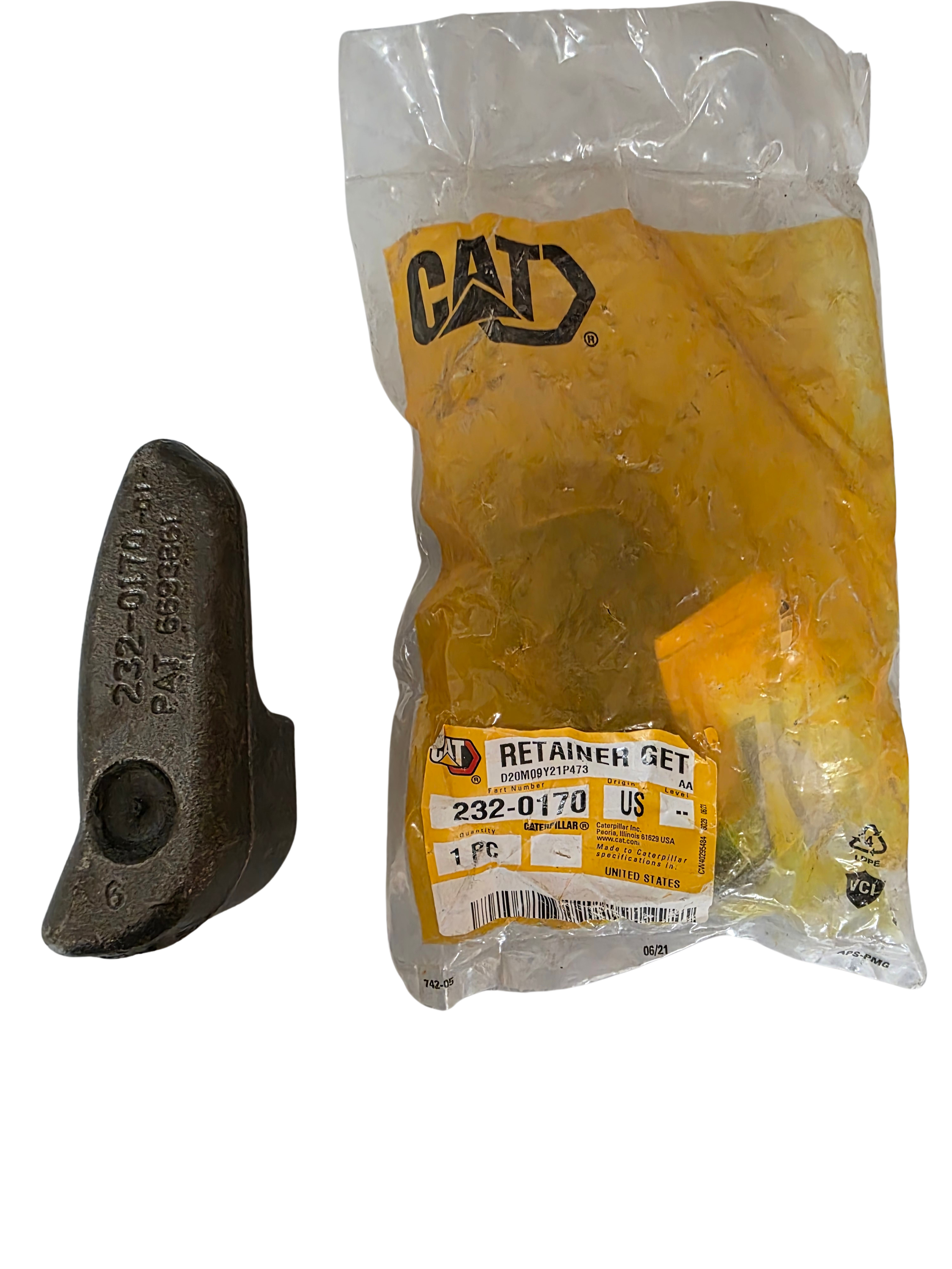 Yellow 'Cat' branded retainer set in packaging with a black metal component on a white background