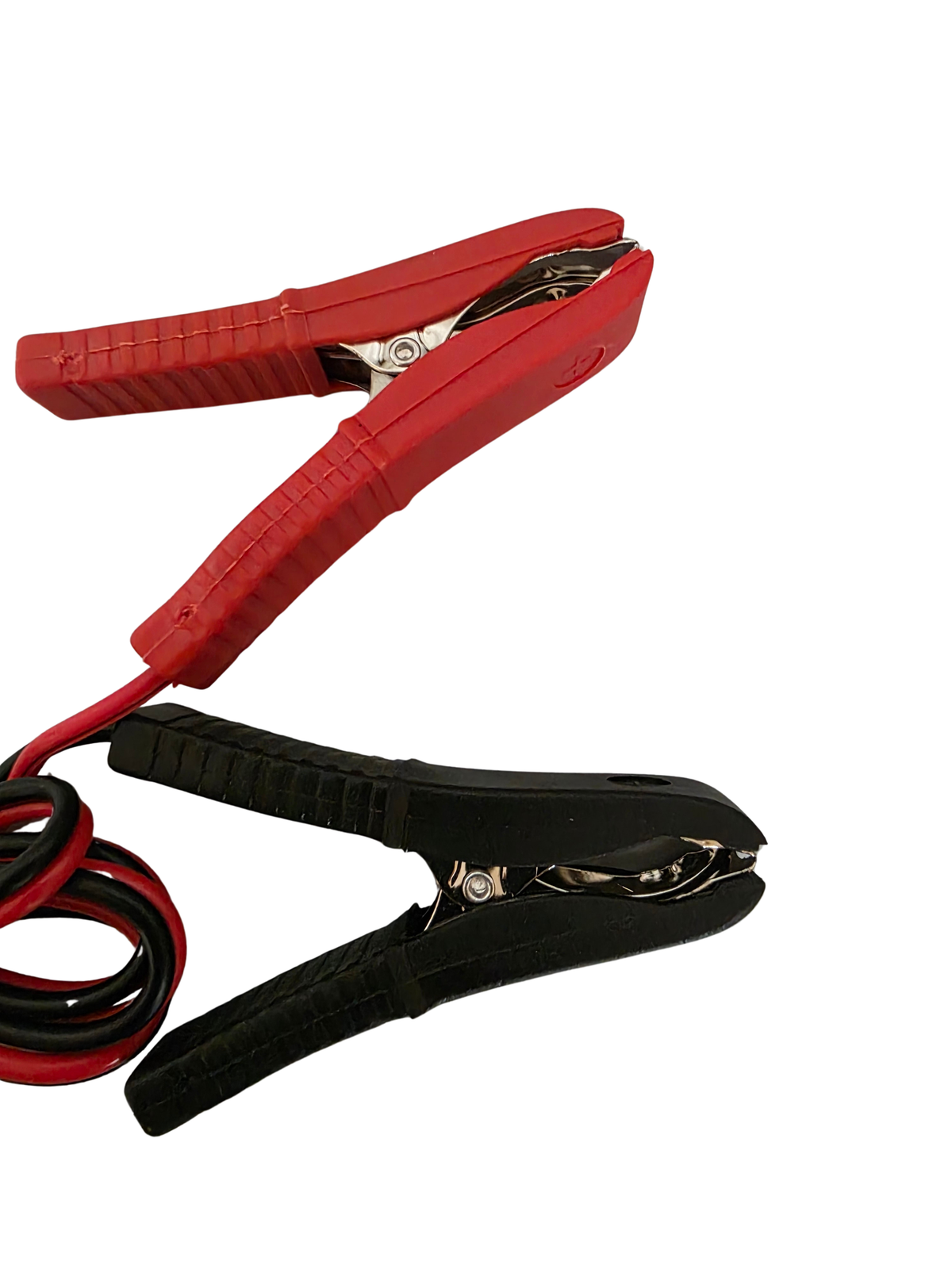 A pair of battery clamps with red and black handles connected to a red and black cable, shown on a plain white background.