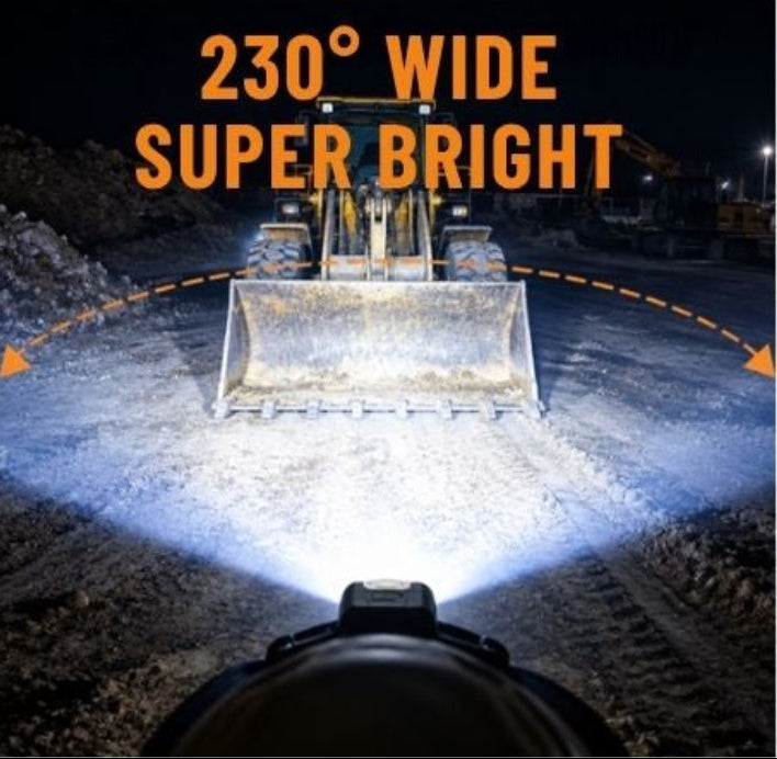 A square product graphic showing a flashlight beam sweeping across a snowy outdoor scene, with orange text reading '230° WIDE SUPER BRIGHT' above it.