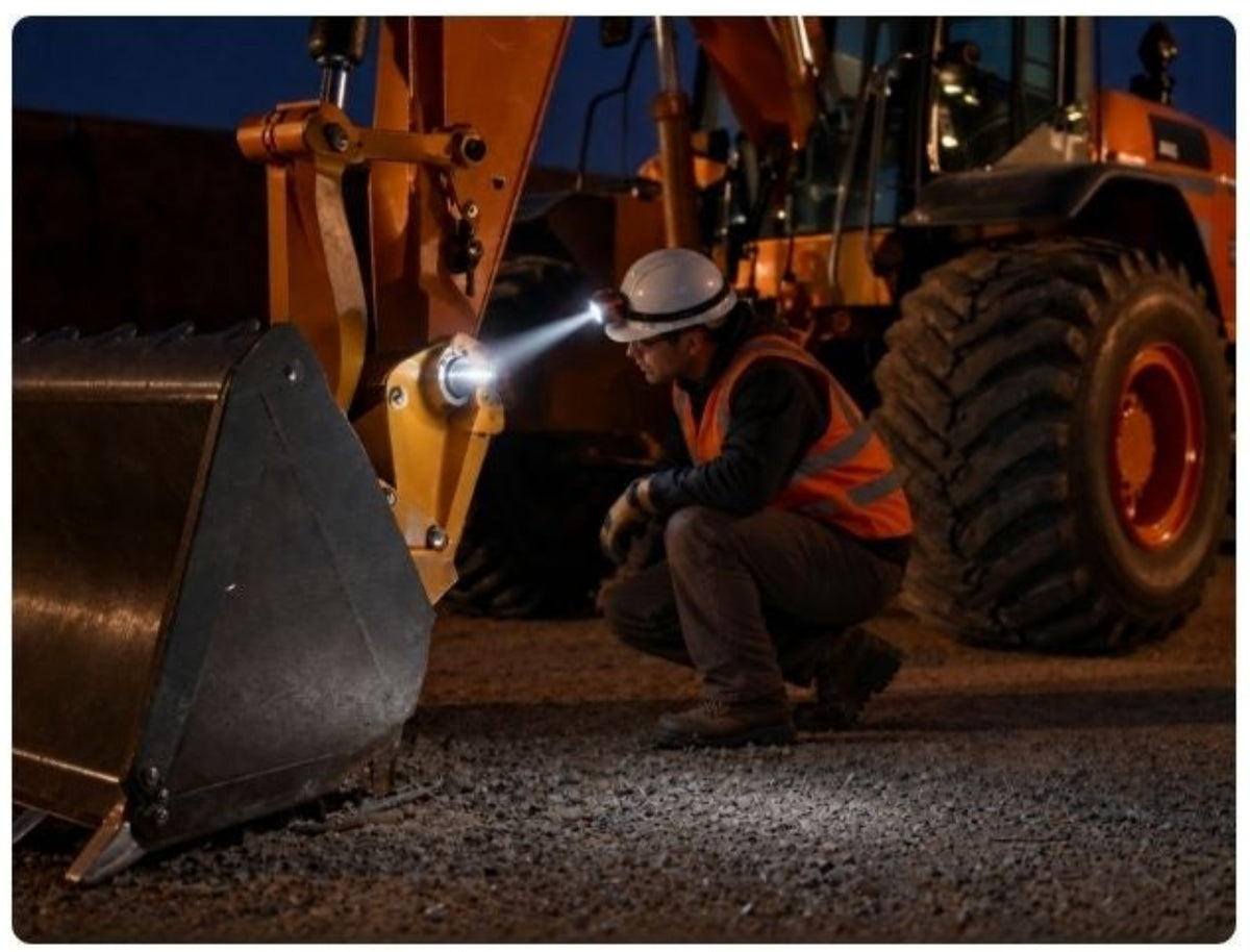 A rectangular product photo centered on a construction scene at night, showing a person crouching beside a large vehicle with a bright headlight shining onto the ground. The photo is placed on a plain white background.