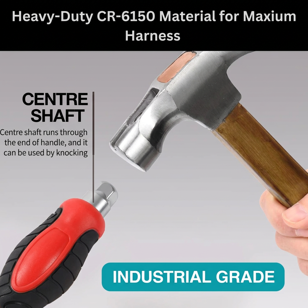 A hammer with a silver metal head and a brown wooden handle is shown striking a small blue-handled tool. The image includes text overlays reading 'Heavy-Duty CR-6150 Material for Maximum Harness', 'CENTRE SHAFT', and 'INDUSTRIAL GRADE' on a white background.