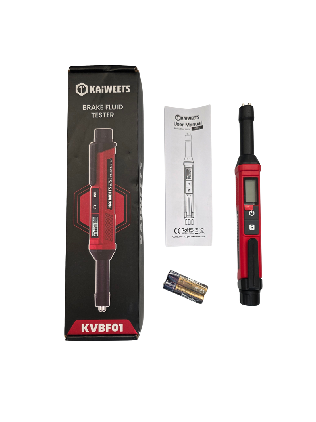 Kaiweets Brake Fluid Tester kit including a red and black digital tester, its black retail box, user manual, and two batteries on a white background.