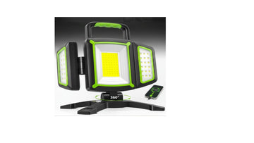 Portable work light with adjustable stand and remote control on a white background