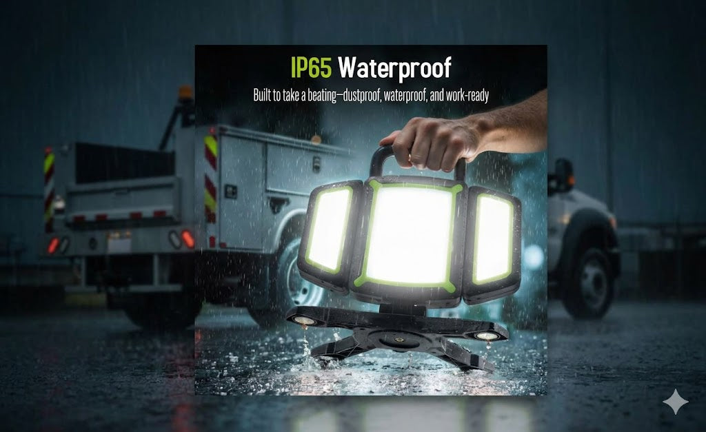Portable work light with adjustable stand and remote control on a white background