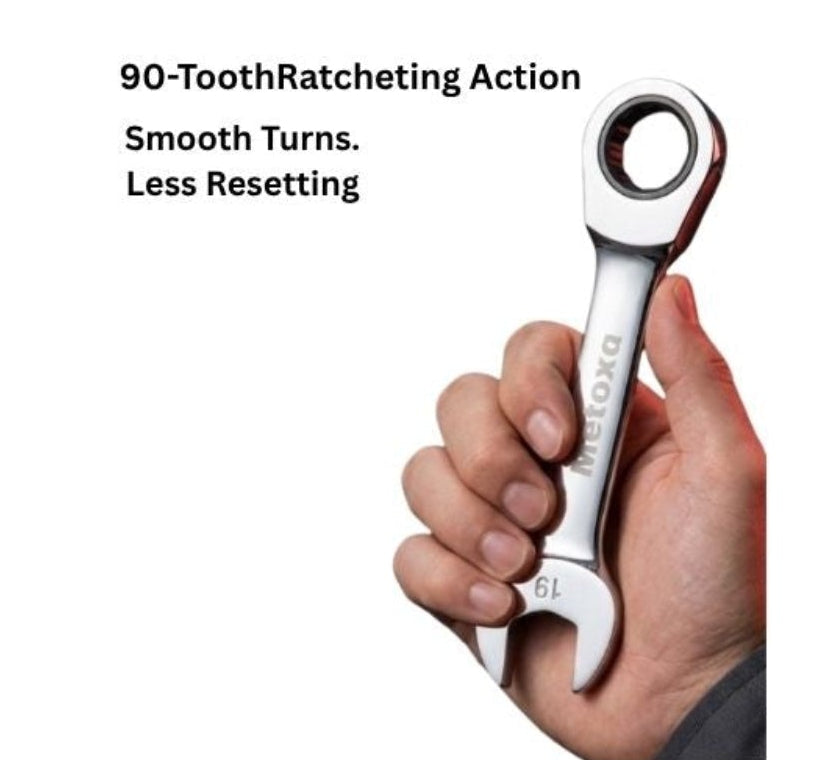 A hand holding a silver 90-tooth wrench against a plain white background, with small black text above reading '90-Tooth Hatcheting Action', 'Smooth Turns', and 'Less Resetting'.