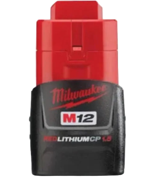 Milwaukee M12 RED Lithium-ion cordless tool battery pack in red and black, shown on a plain white background.