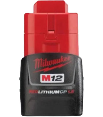 Milwaukee M12 RED Lithium-ion cordless tool battery pack in red and black, shown on a plain white background.