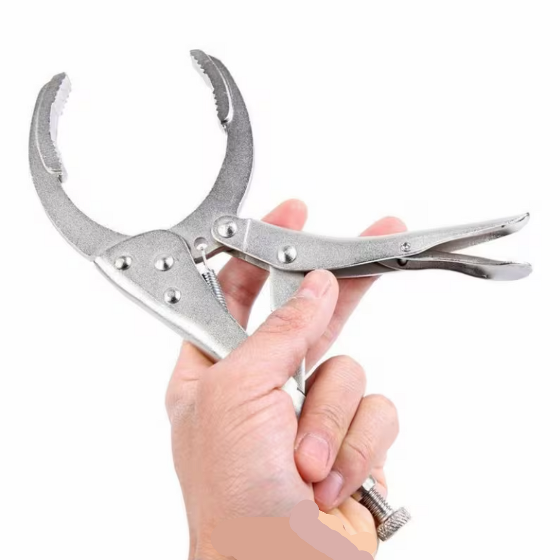 Pair of silver pliers on a textured white surface