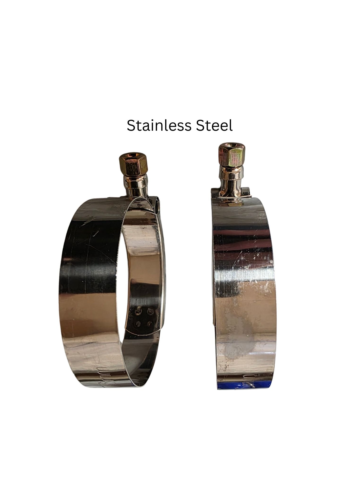 Two stainless steel clamps on a white background with 'Stainless Steel' text.