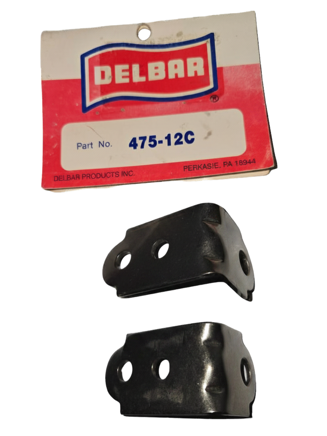 Metal bracket with Delbar label on a white background
