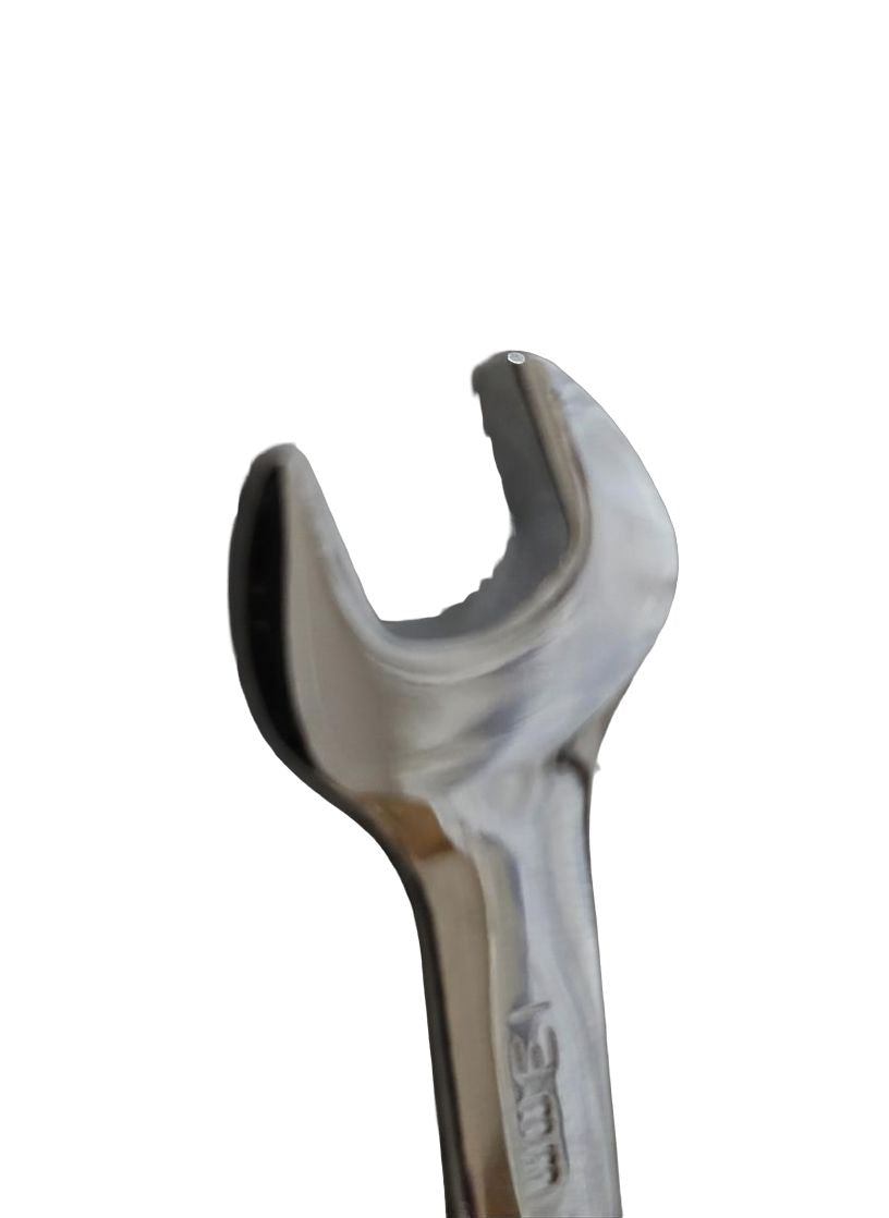 Close-up of a silver open-end wrench on a white background
