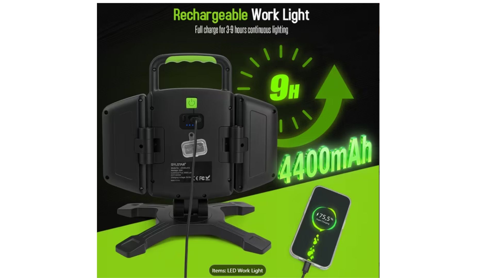 Rechargeable work light with 4400mAh battery and 9-hour runtime on a green background