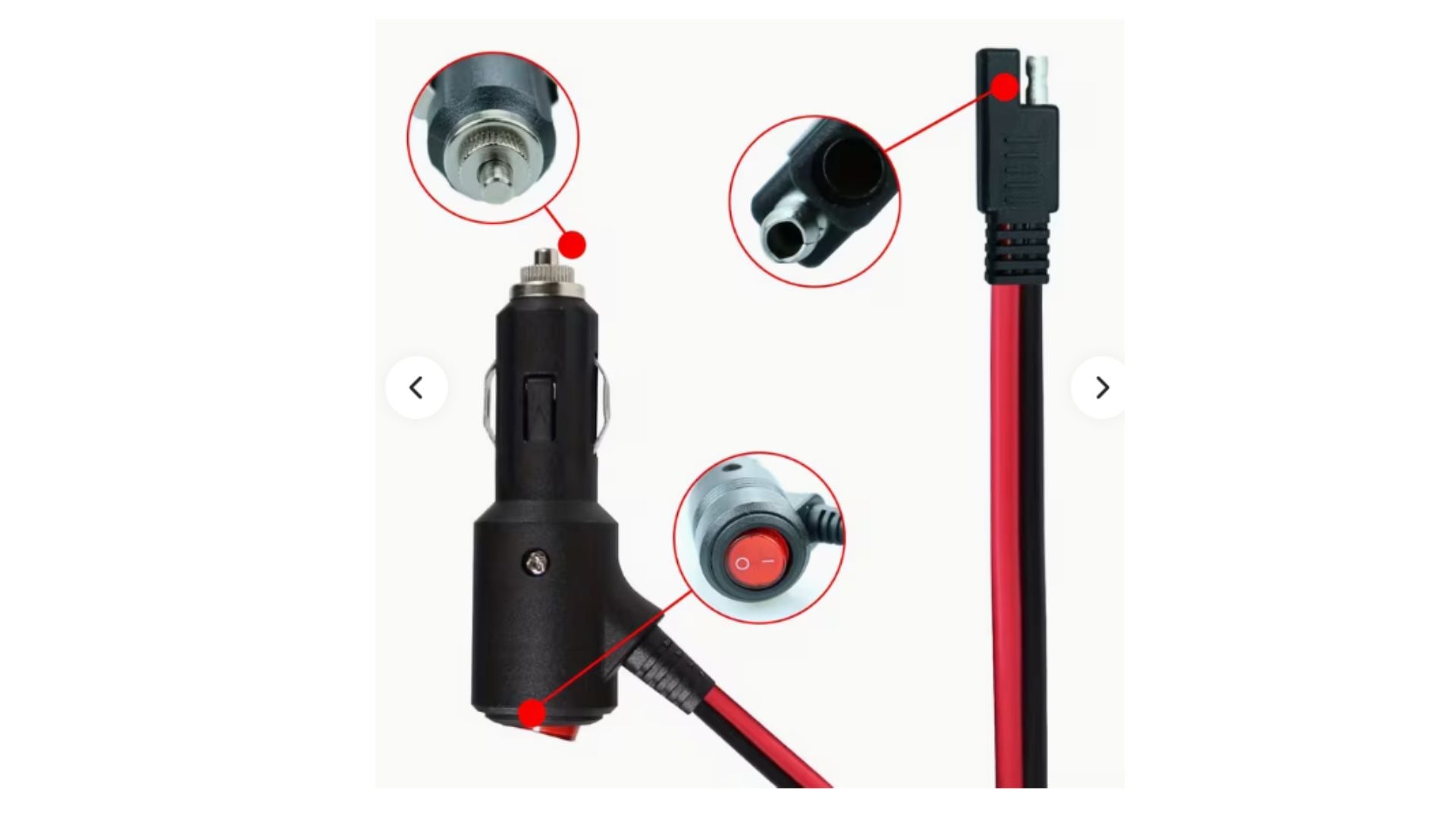 3.28ft SAE to Cigarette Lighter Plug Extension Cable, 16AWG with Switch (12V/24V, 15A Fuse)