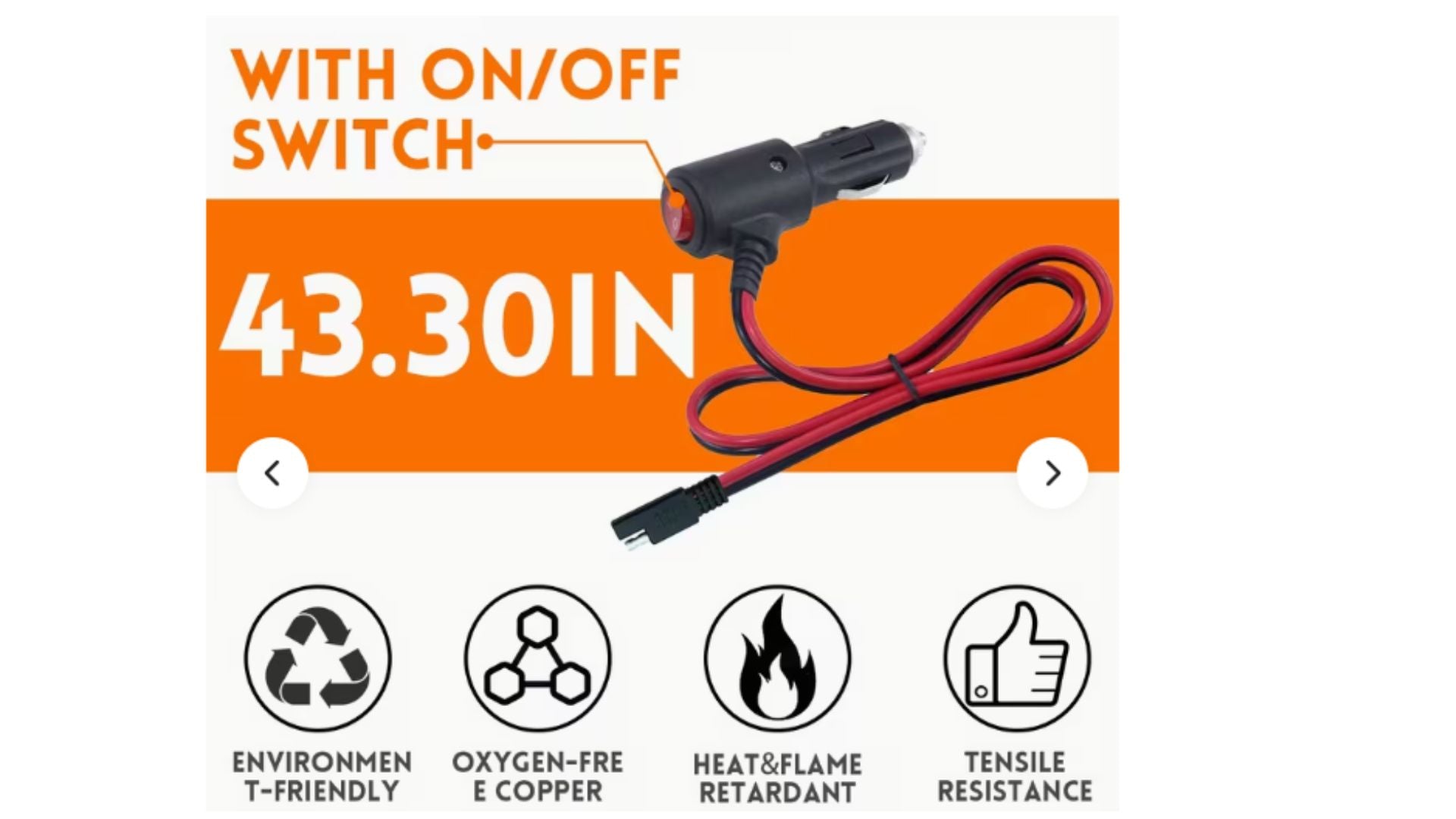 3.28ft SAE to Cigarette Lighter Plug Extension Cable, 16AWG with Switch (12V/24V, 15A Fuse)