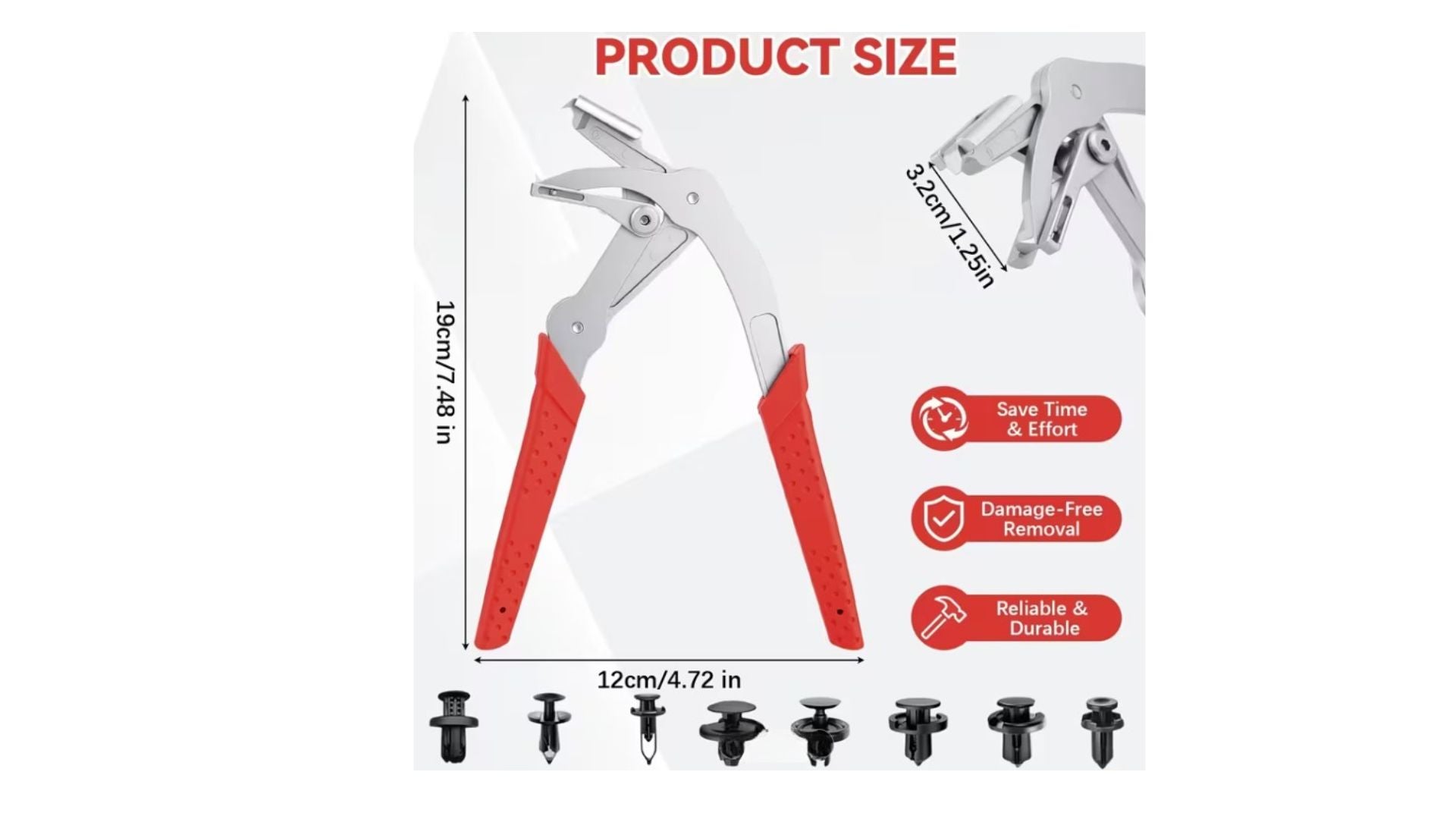 7" Light-Duty Stainless Steel Automotive Snap Pliers & Clip Remover | Red Grip Dimensions View