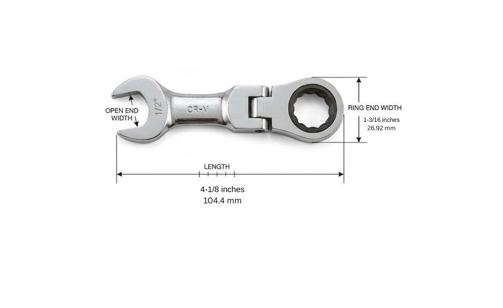 Ratcheting wrench with measurements labeled on a white background