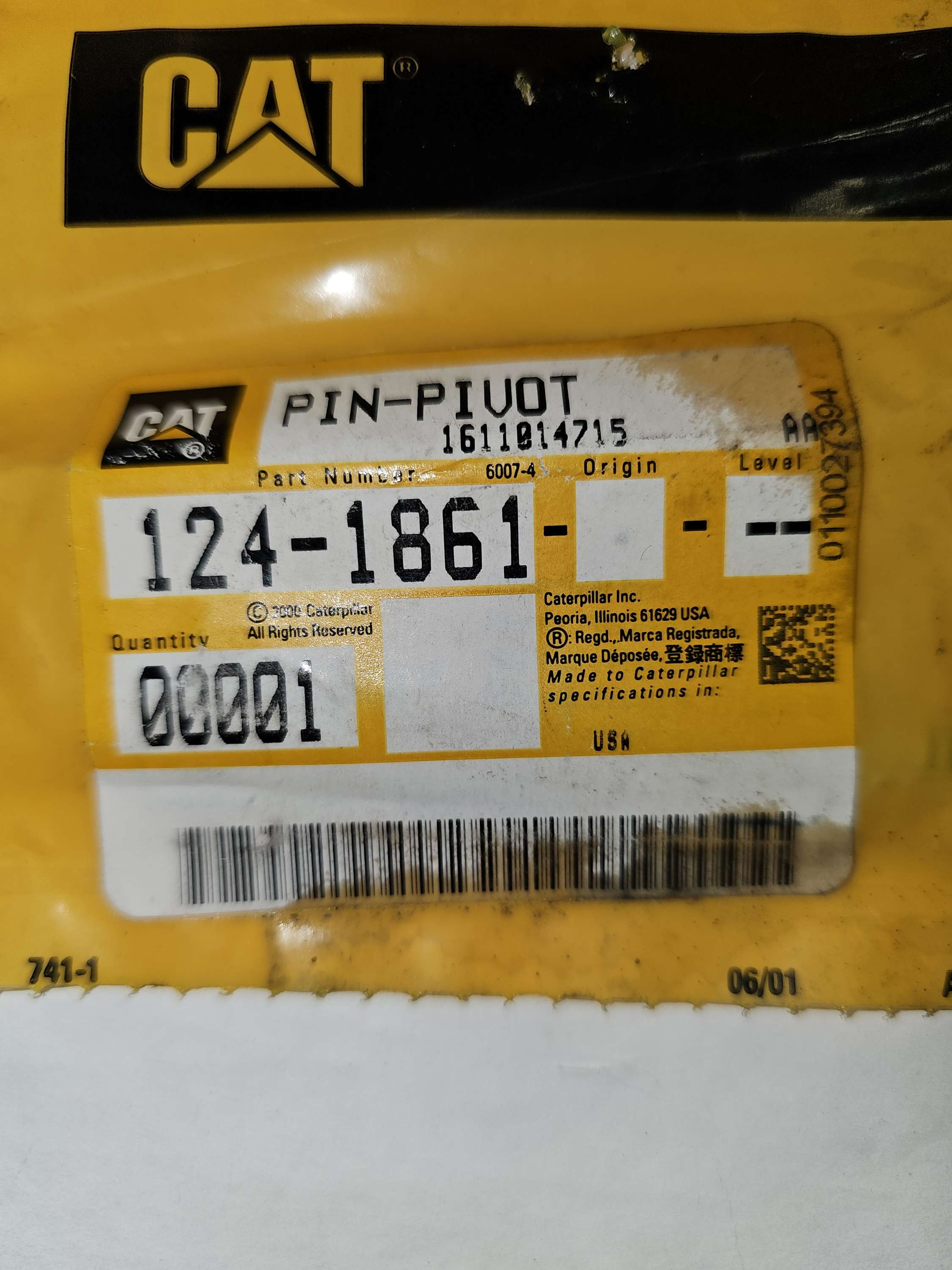 124-1861 Pin Pivot Caterpillar CAT 1241861