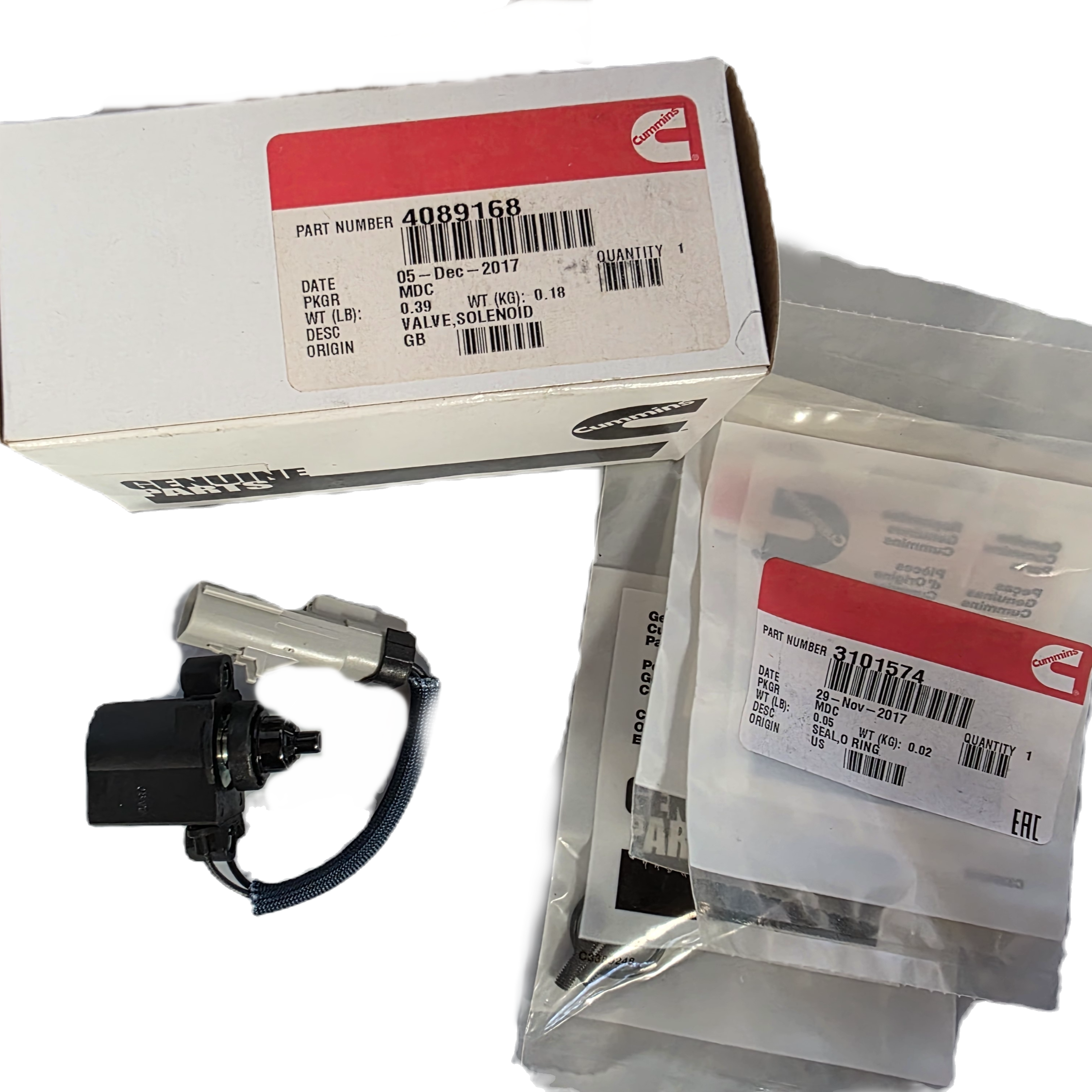 Genuine Cummins 4089168 Solenoid Valve with 3101574 Seal Kit and OEM Packaging