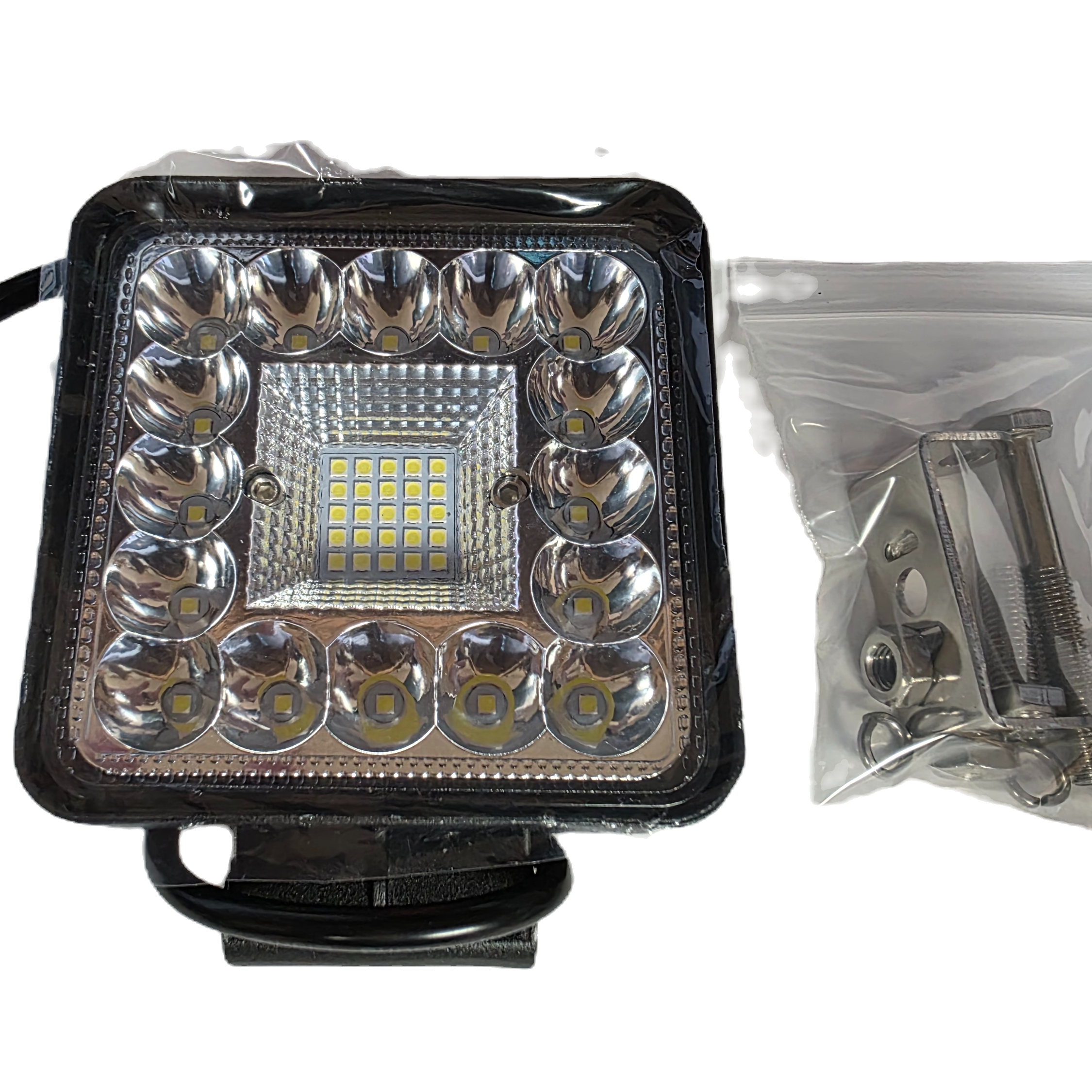 Square LED work light with mounting bracket on a white background