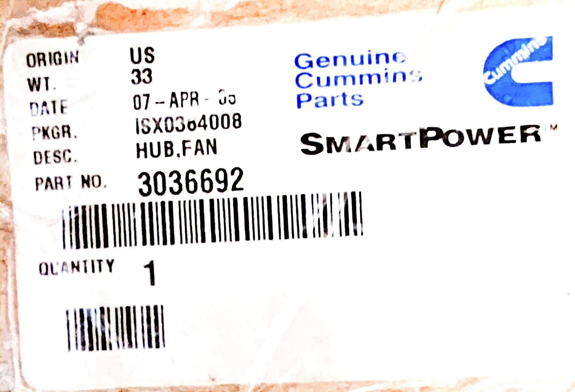 Cummins SmartPower part label with technical details and barcode