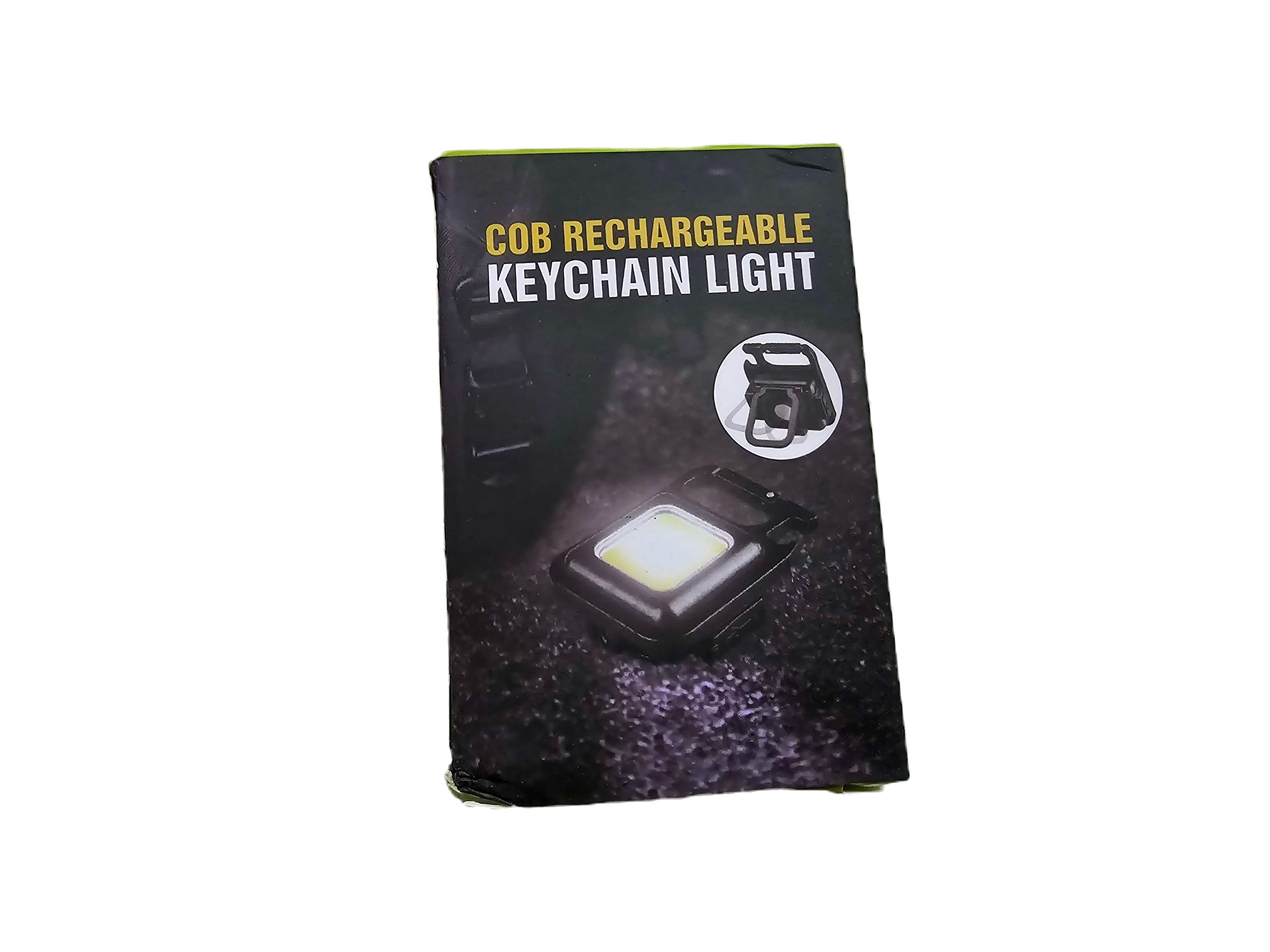 Packaging of a COB rechargeable keychain light on a white background