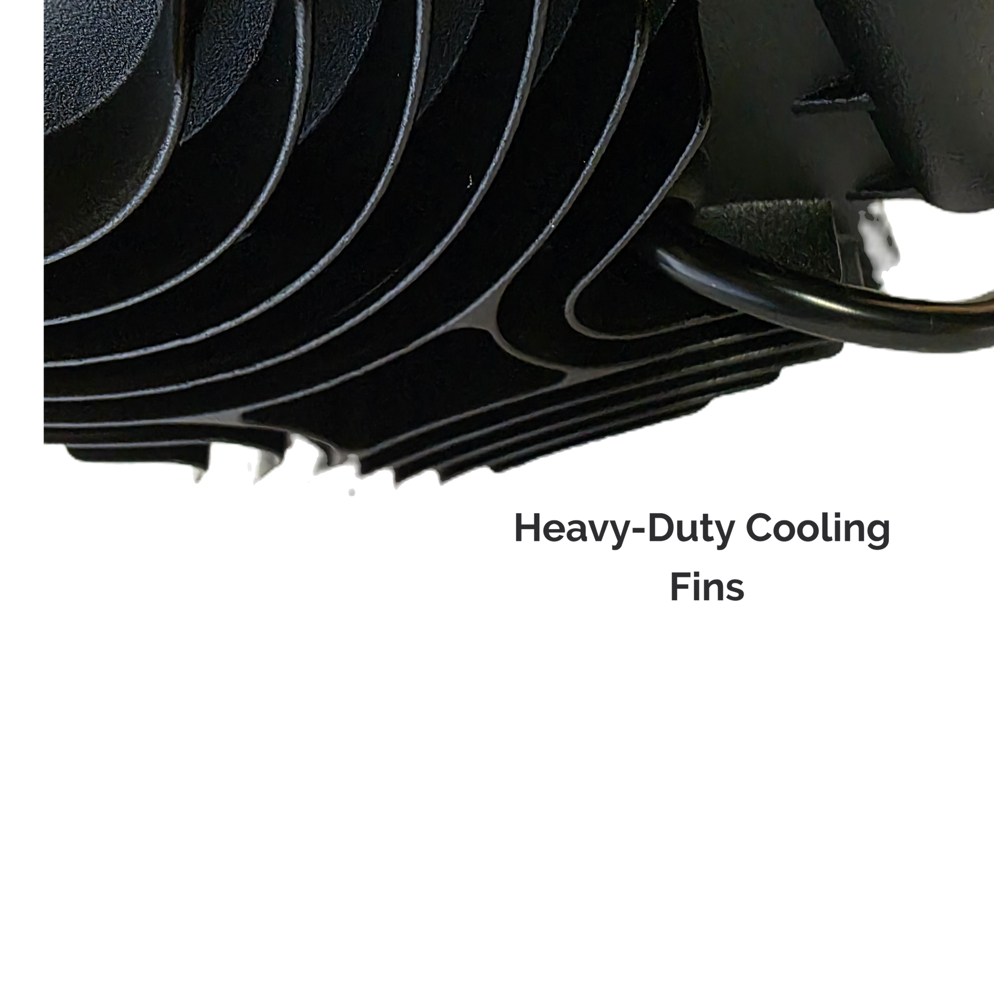 Close-up of heavy-duty cooling fins with text on a white background