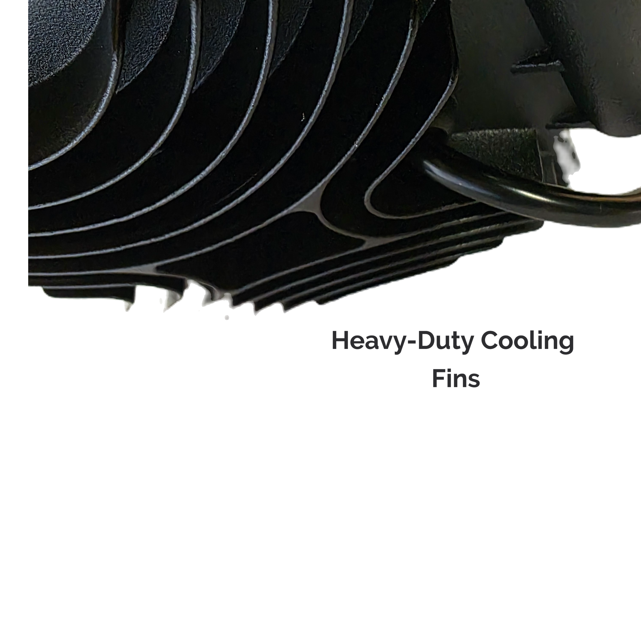 Close-up of heavy-duty cooling fins with text on a white background