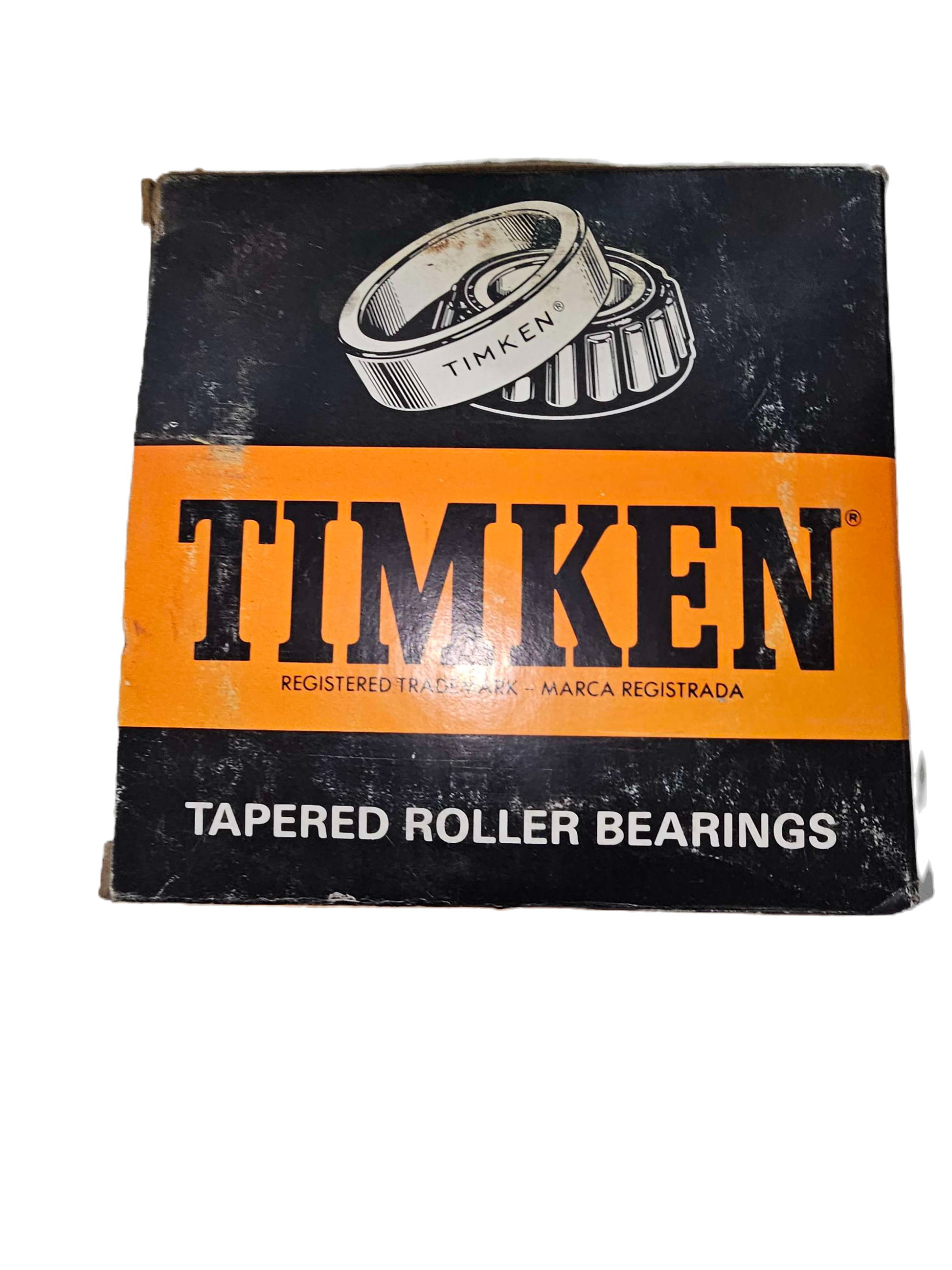 Timken tapered roller bearings packaging with black and orange design.