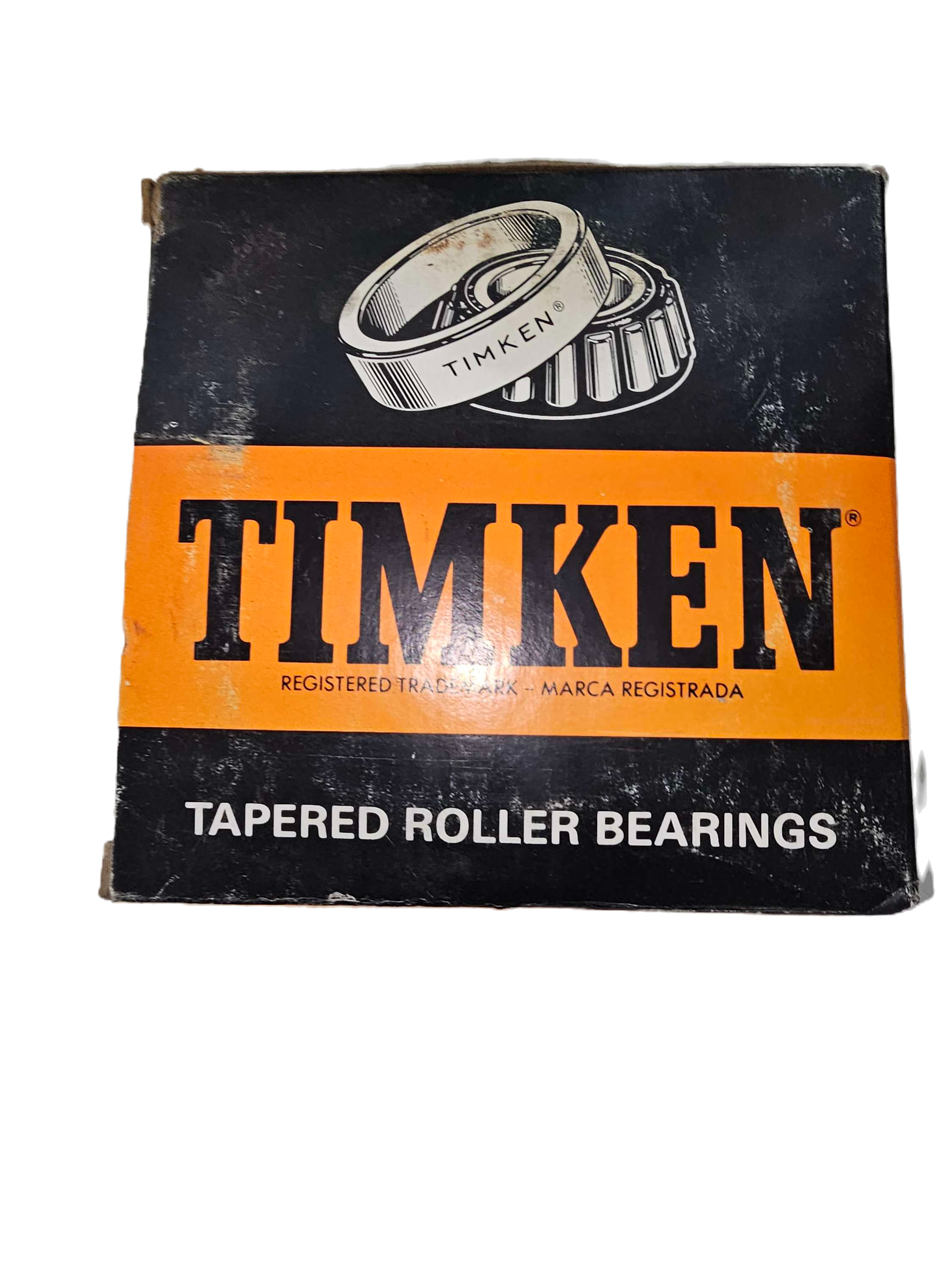 Timken tapered roller bearings packaging with black and orange design.