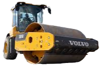 Volvo roller compactor with a driver inside, on a clear background