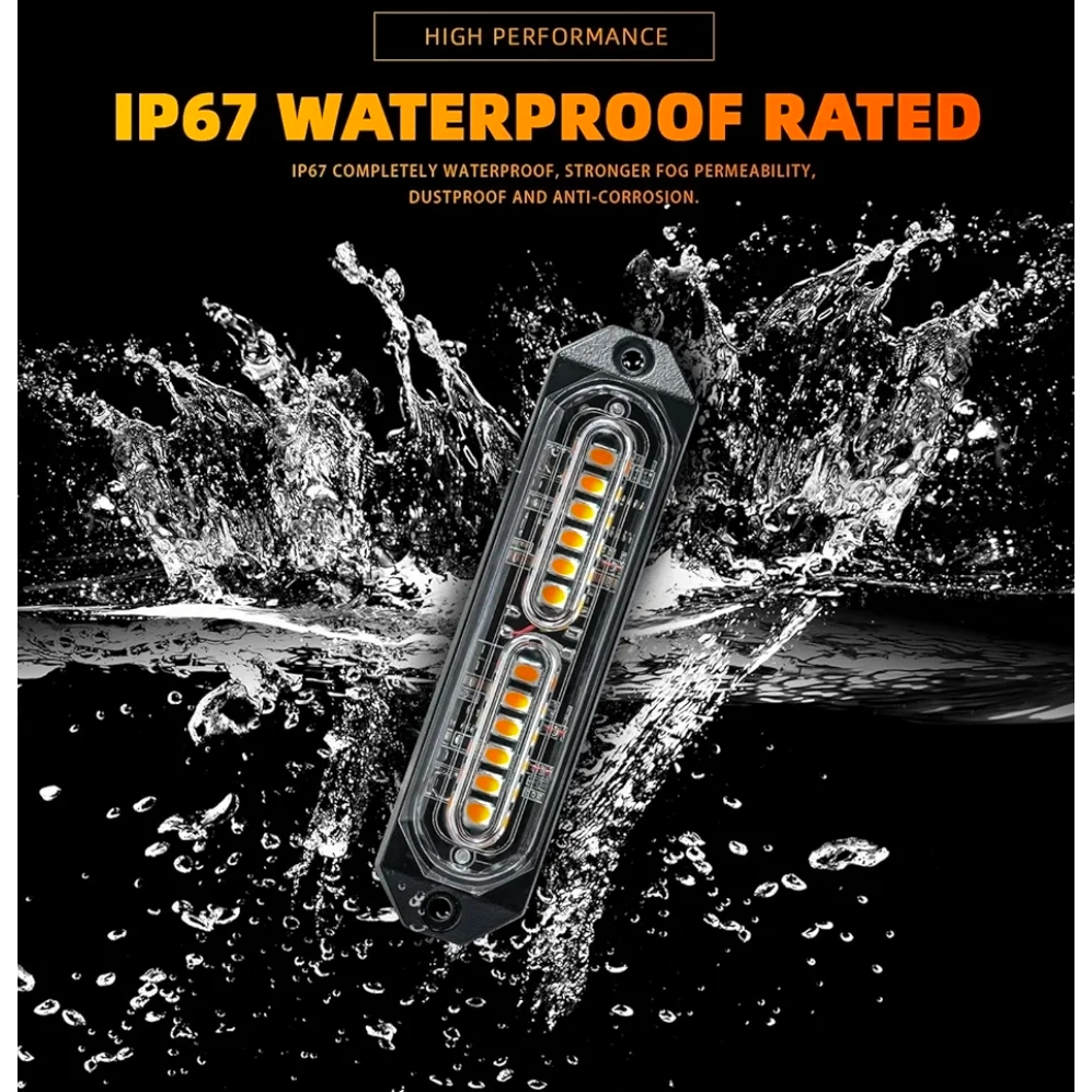 LED light bar with water splashes and 'IP67 Waterproof Rated' text on a black background