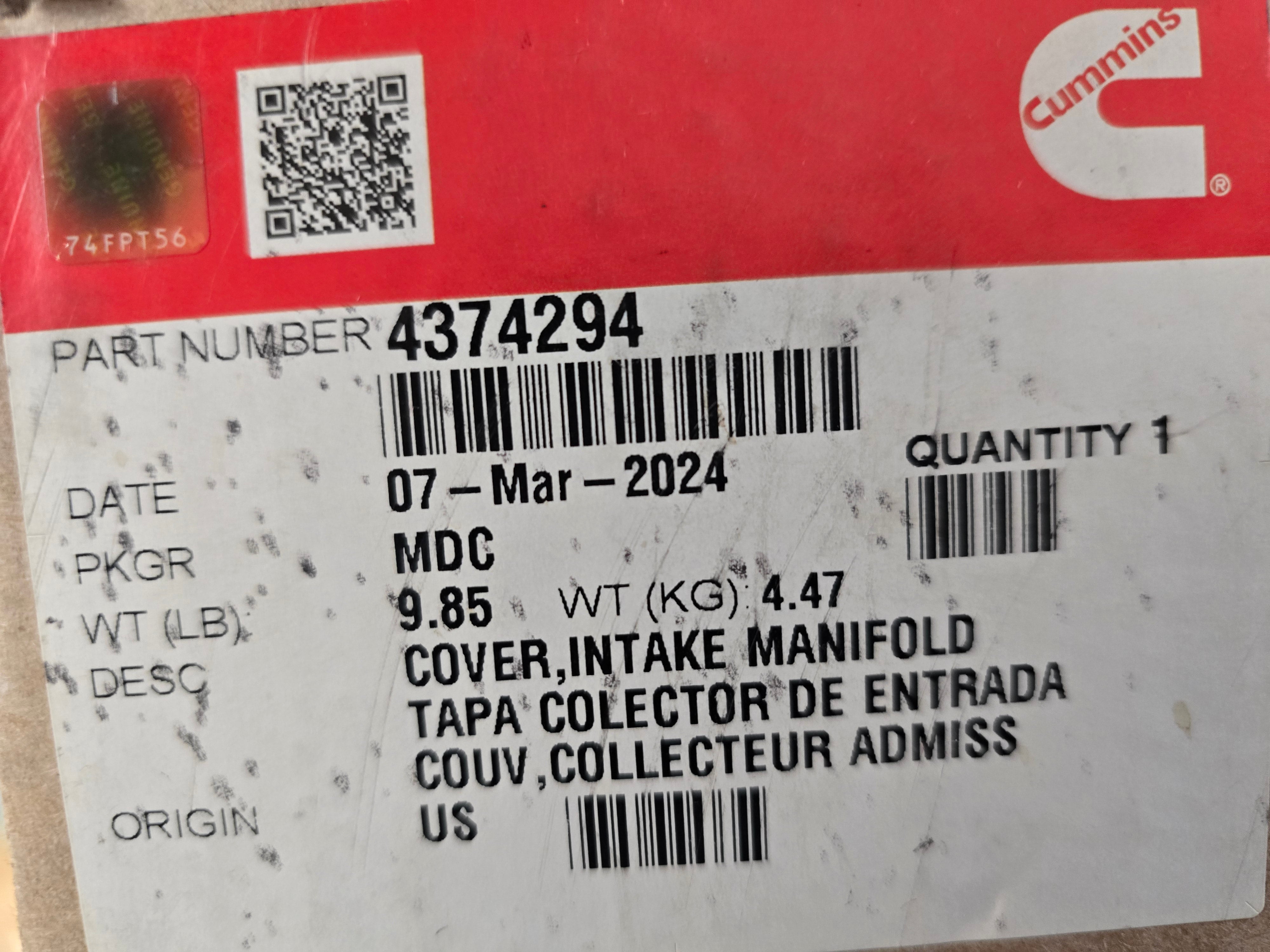 4374294 Genuine Cummins Intake Manifold Cover ISX12G