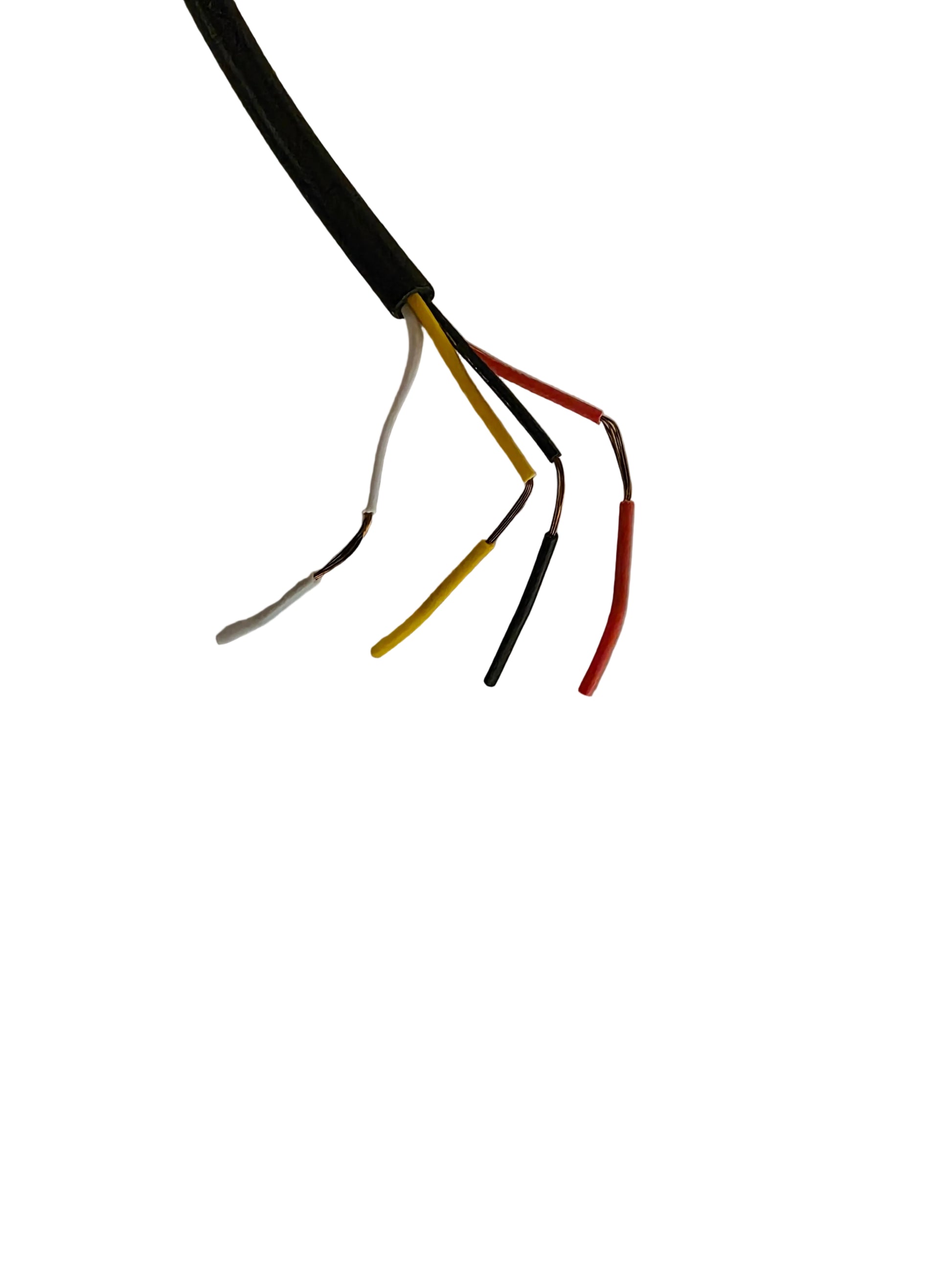 Set of bare electrical wires in black, red, yellow, and white on a light gray background