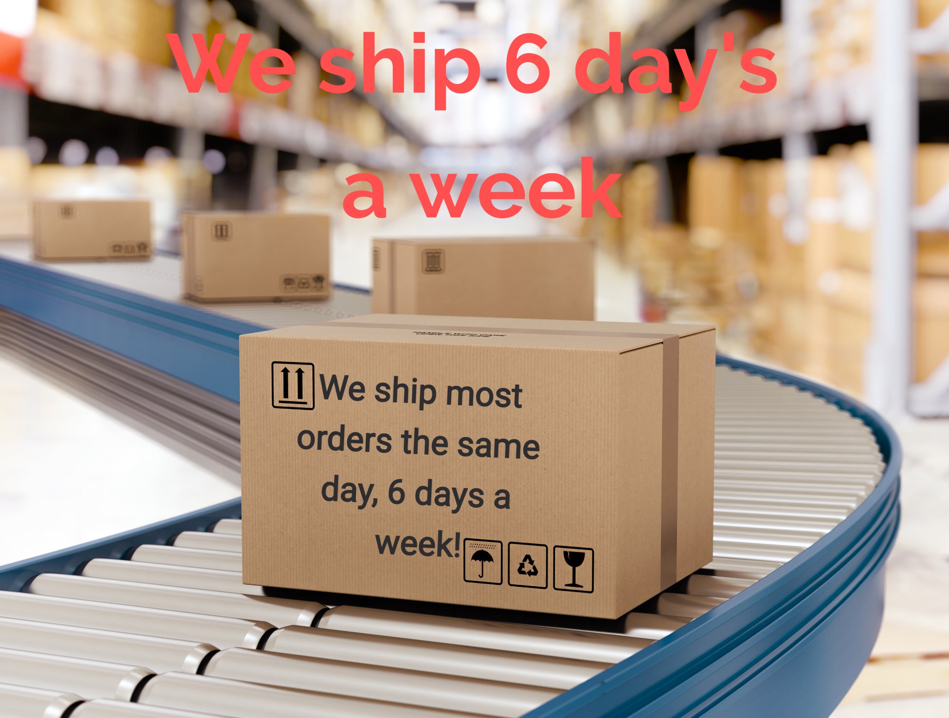 Cardboard boxes on a conveyor belt with text about shipping frequency in a warehouse setting.