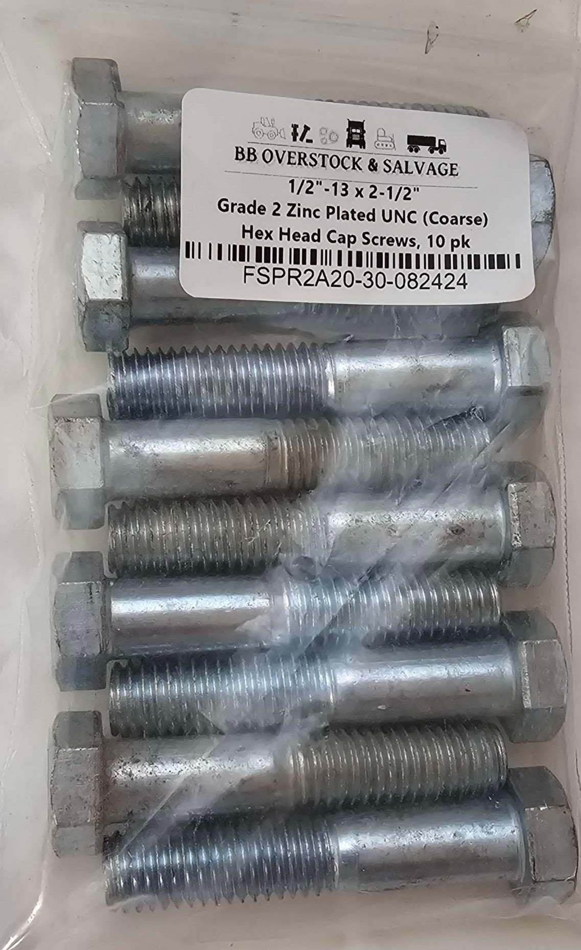 1/2"-13 x 2-1/2" Grade 2 Zinc Plated UNC (Coarse) Hex Head Cap Screws, 10 p