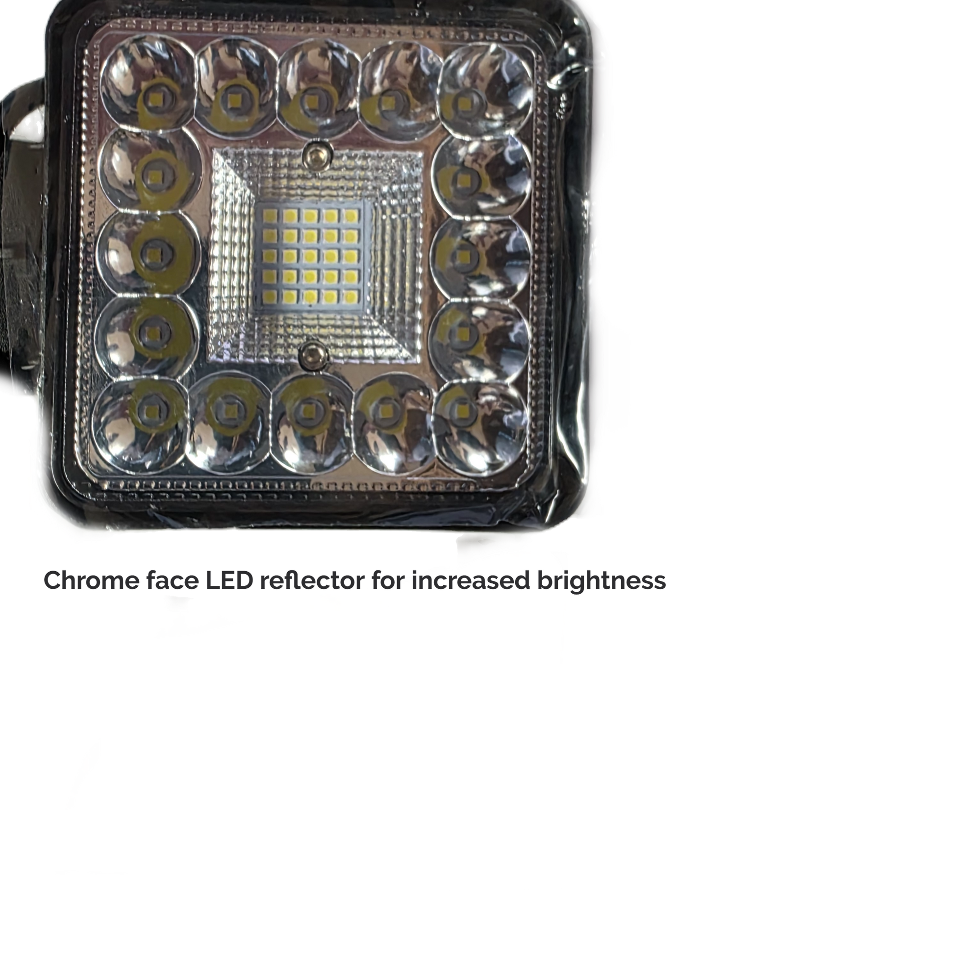 Chrome face LED reflector with text on a white background