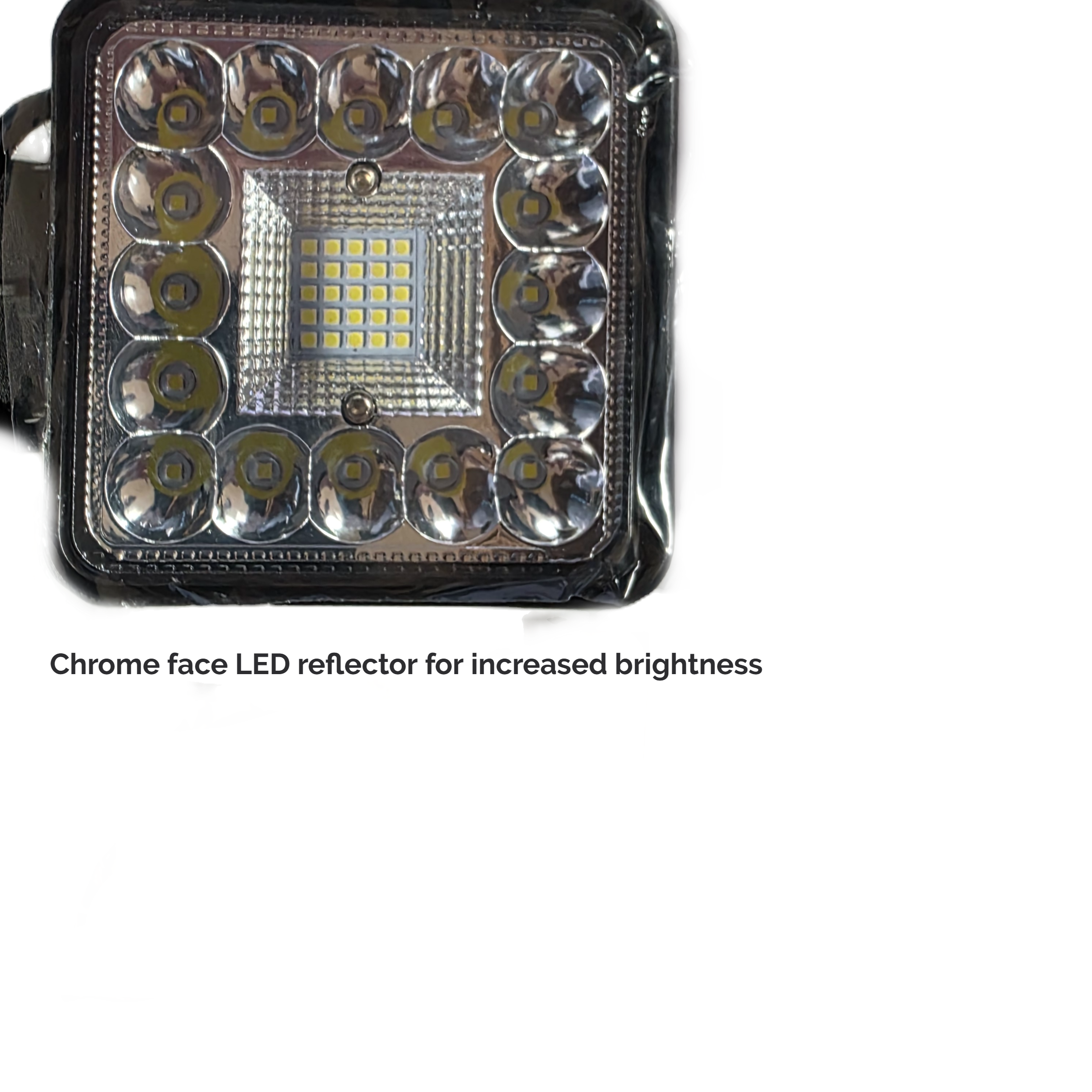 Chrome face LED reflector with text on a white background