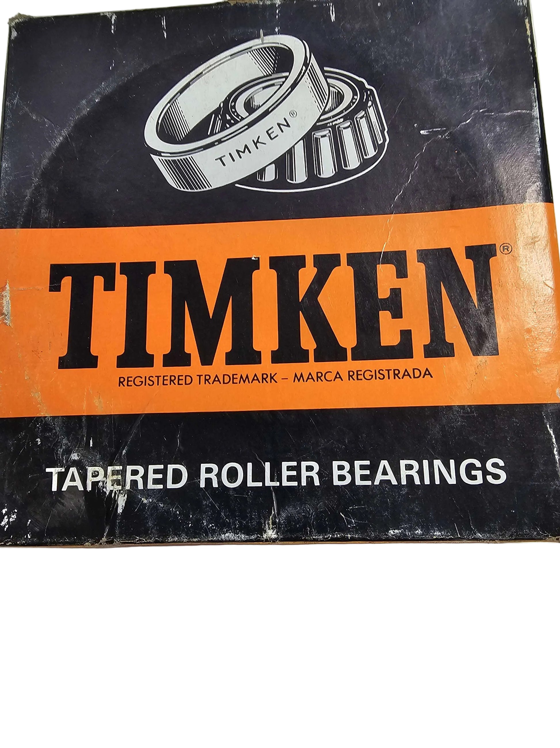 Box of Timken tapered roller bearings with branding and product name.