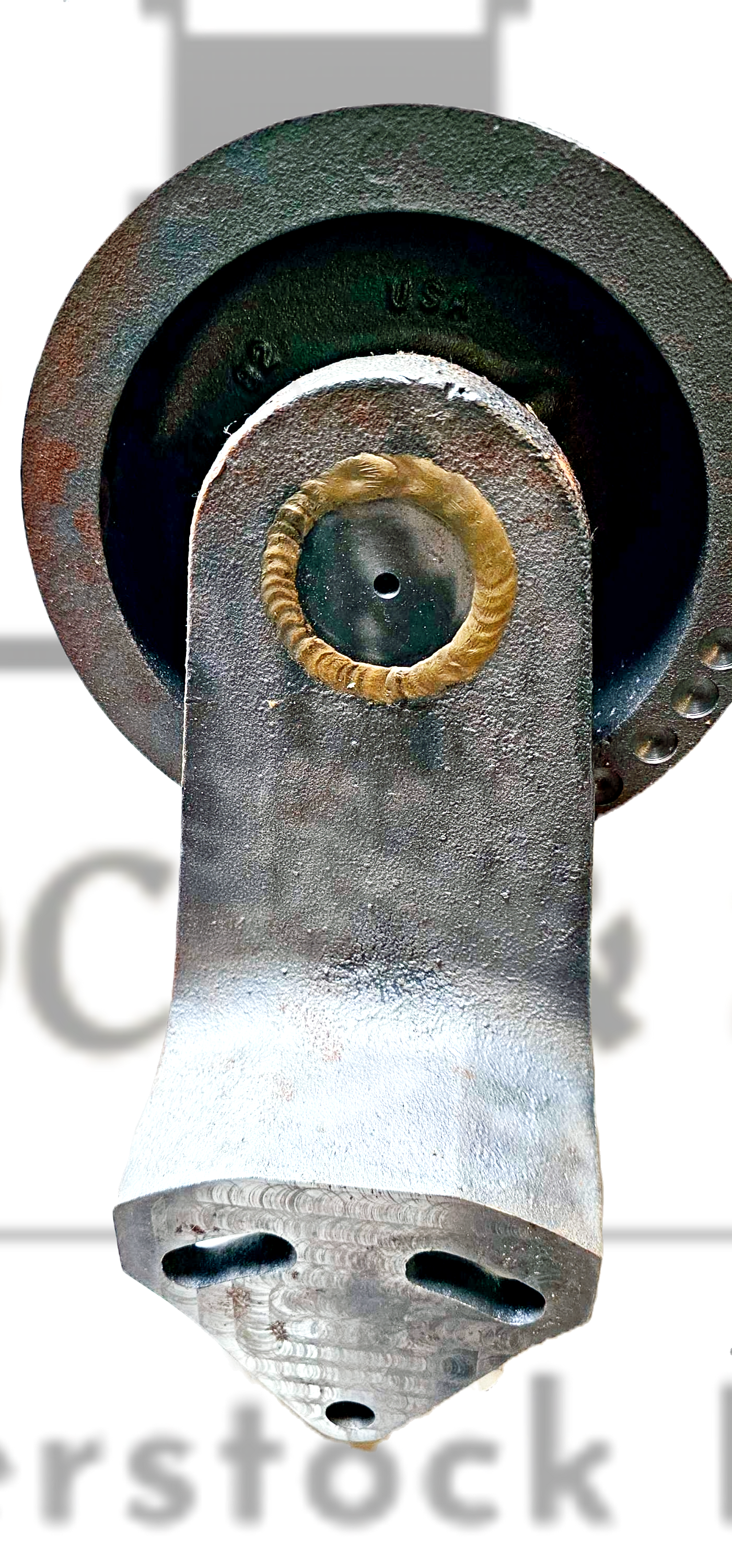 Metal pulley system on a white background