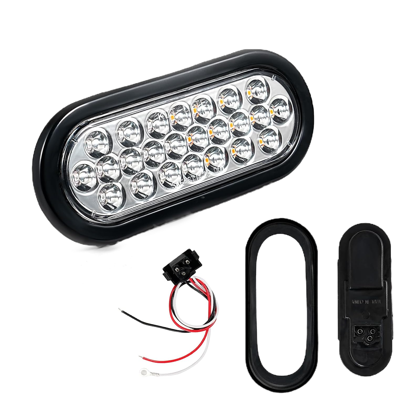 LED light bar with wiring harness and mounting bracket on a white background