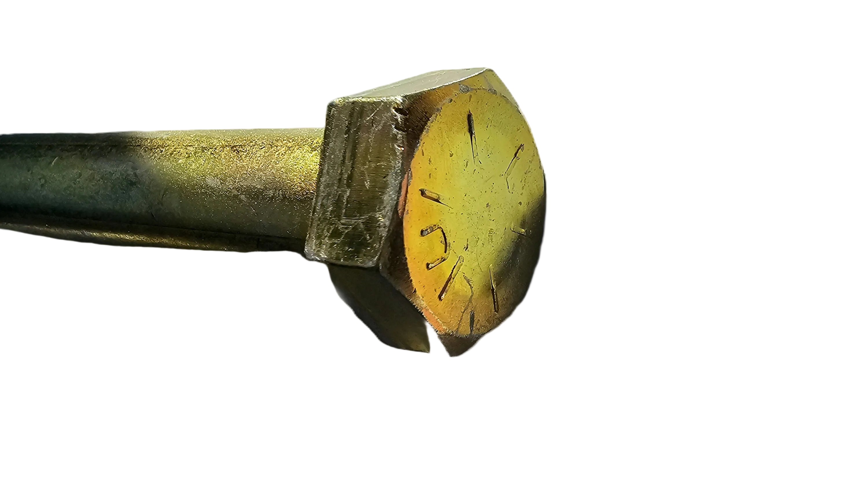7/8"-14 x 7 (PT) SAE Hex Head Yellow Zinc Plated Grade 8 Fine Thread Bolt Close up of hex head
