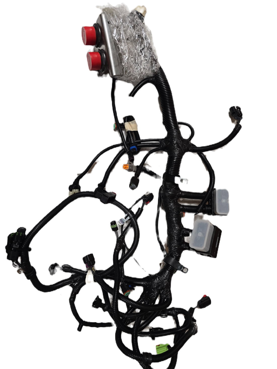 Complex automotive wiring harness on a white background
