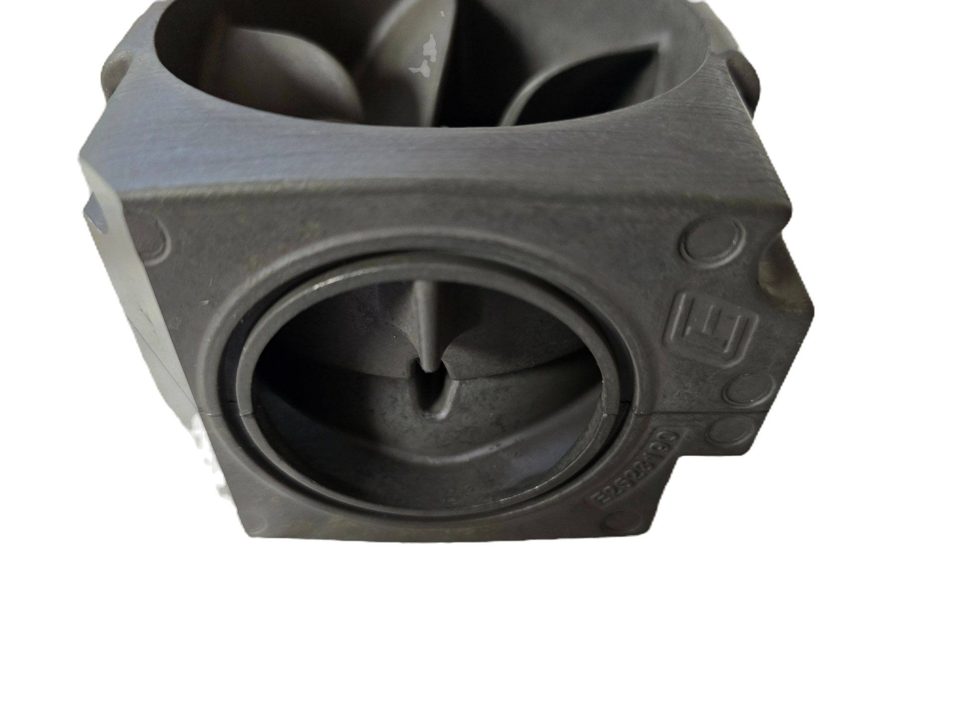 Black mechanical component on a white background