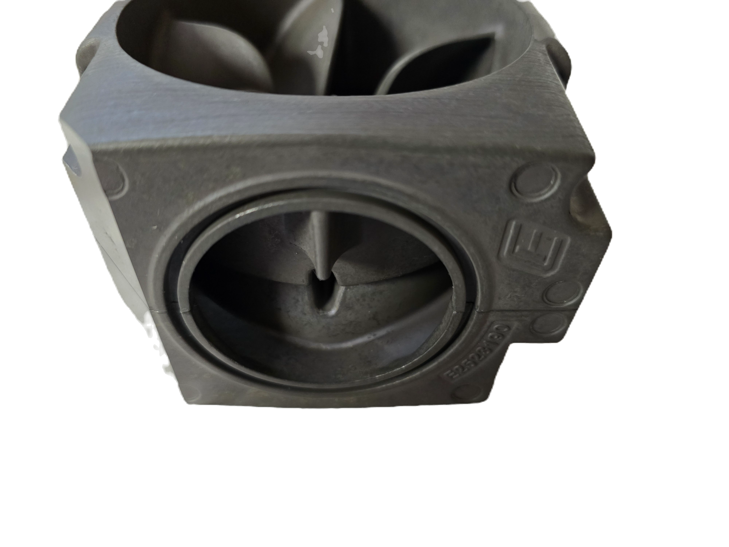 Black mechanical component on a white background