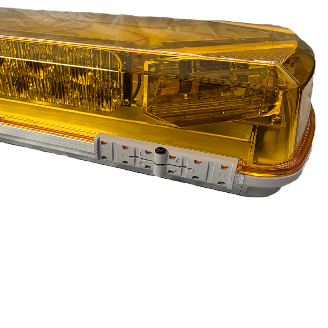 Yellow Whelen lightbar with packaging and documentation on a white background