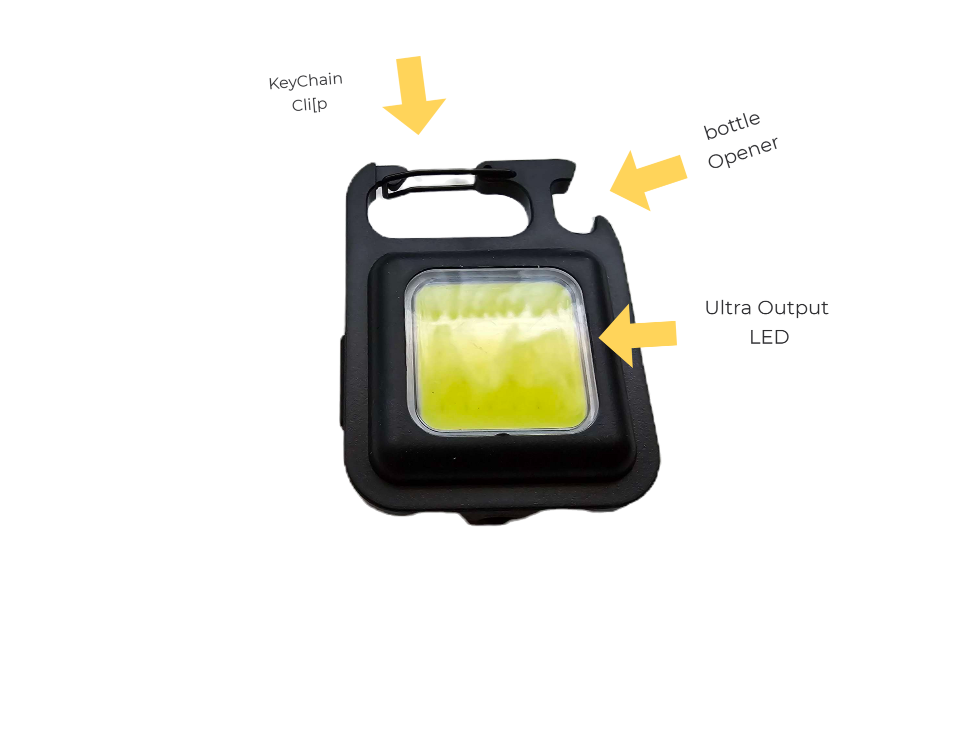 Multifunctional tool with keychain clip, bottle opener, and ultra-output LED on a white background