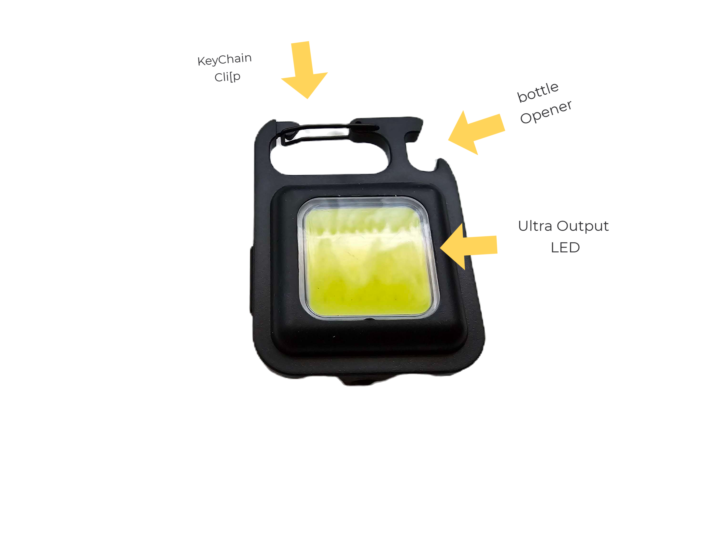 Multifunctional tool with keychain clip, bottle opener, and ultra-output LED on a white background