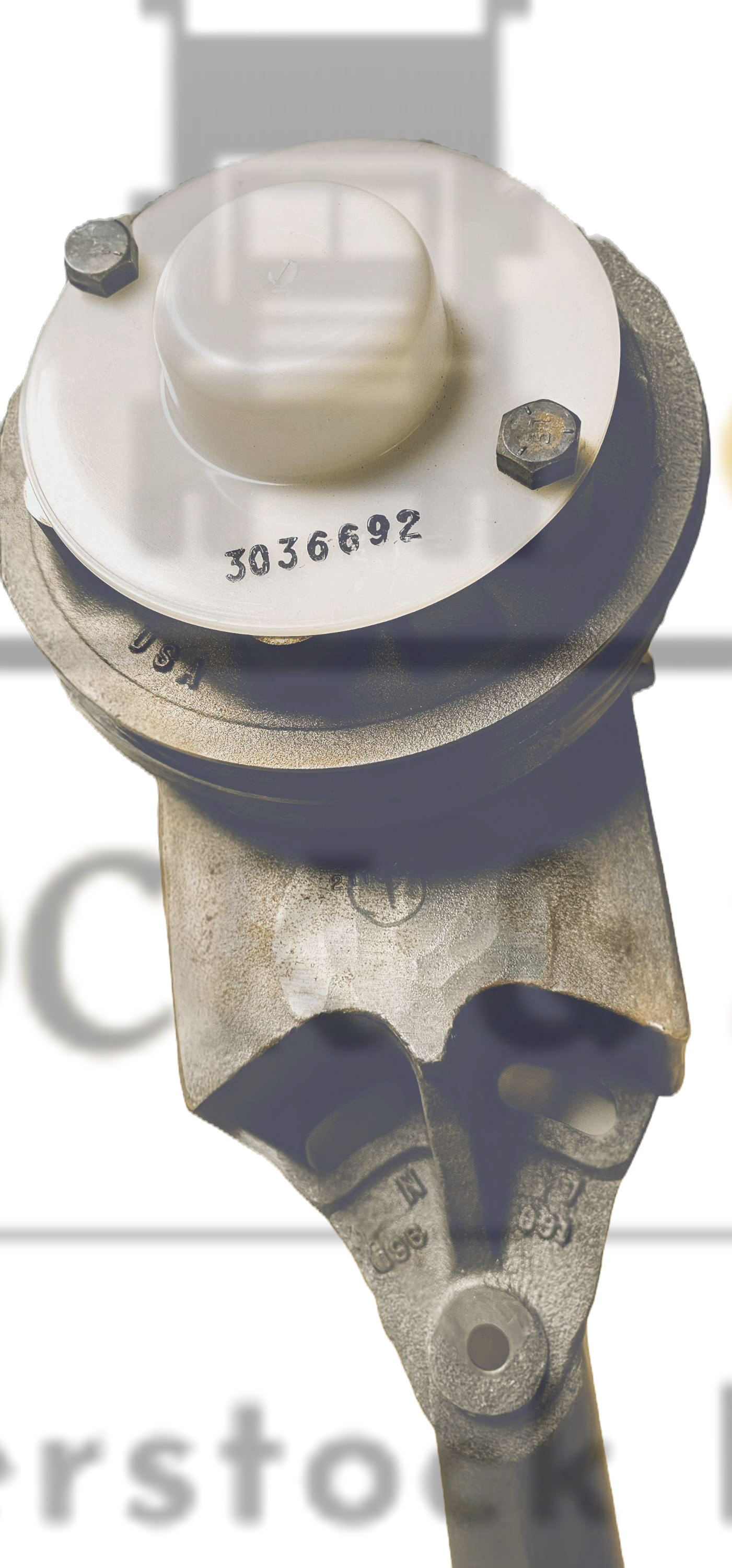 Mechanical component with a white housing and metal parts on a white background